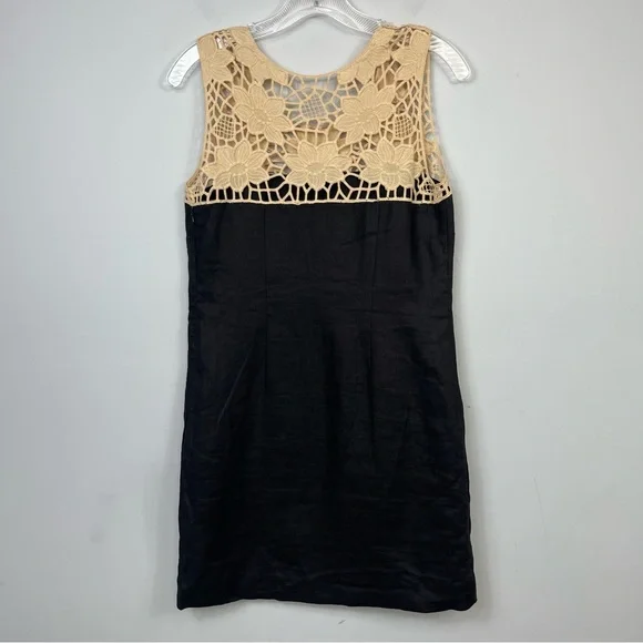 NWT LOFT Black Linen Shift Mini Dress Beige Crochet Lace Floral Neck Color Block - Picture 3 of 13